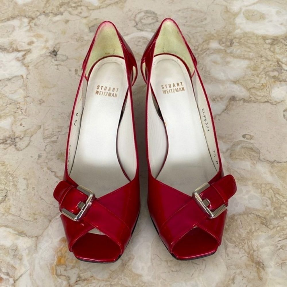 Stuart Weitzman Red Patent Leather Peep Toe Wedge Heel Pumps